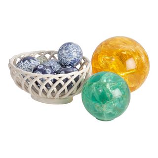 Ming dynasty style porcelain spheres (2) & basket