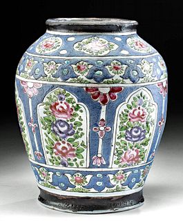 19th C. Persian Polychrome Earthenware Vase