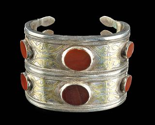 19th C. Turkoman Gilt Silver Bracelet w/ Carnelian