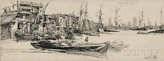 James Abbott McNeill Whistler (American, 1834-1903)      Thames Warehouses