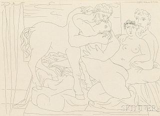 Pablo Picasso (Spanish, 1881-1973)      Le repos du sculpteur devant un centaure et une femme