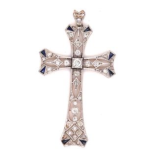 BE MINE Art Deco 18k Platinum Diamond Sapphire Cross 