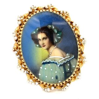 Victorian 18k Pearl Painting Brooch Pendant 
