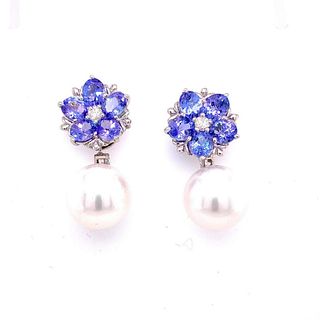 18k Gold Tanzanite Diamond Pearl Earrings
