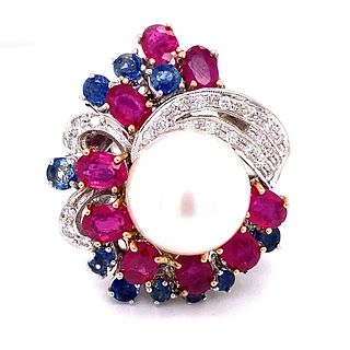 18k Pearl Sapphire Ruby Diamond Ring