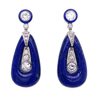 Platinum Lapis Lazuli Diamond Dangling Oval Earrings