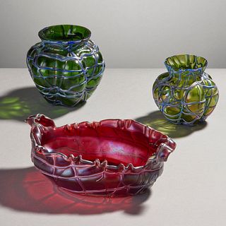 Loetz Type Art Glass Objects, Lot Of 3