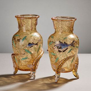 Pair Enameled Moser Crackle Glass Footed Vases