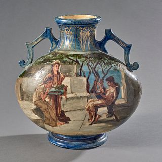 Barbotine Vase With Handles & Enameled Grecian Mural, Pauline Pottery