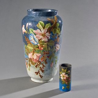 Group Of 2 Barbotine Vases With Floral Enamels