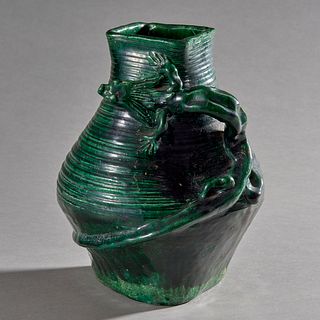 Asian Green Glaze Vase w/  Applied Dragon