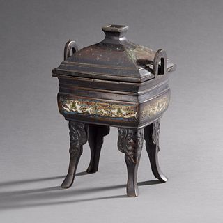 Chinese Rectangular Bronze & Champleve Footed Censer