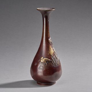 Japanese Brass Vase With Bronze Patina And Iris, Turtle