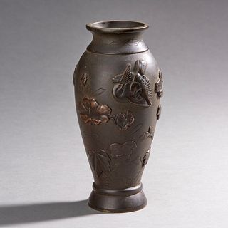 Japanese  Bronze Vase With Floral And Bird Motifs
