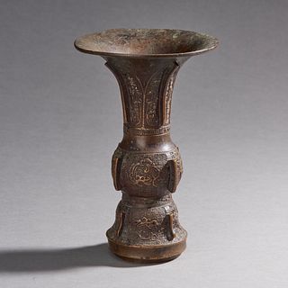 Chinese Gu Form Archaistic Bronze Temple Vase