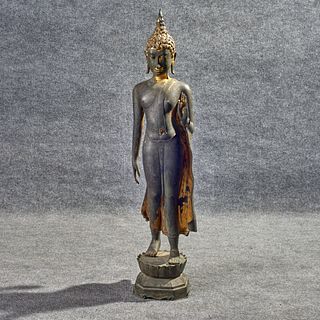 Large Bronze Standing Buddha On A Lotus Blossom Base