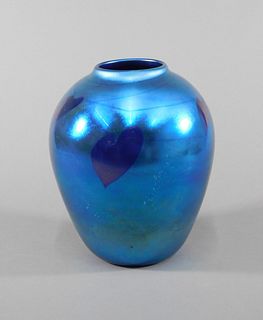Iridescent Blue Hearts And Vines Art Glass Vase