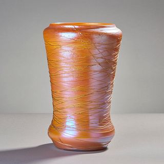 Durand Peach & Gold Iridescent Threaded Art Glass Vase