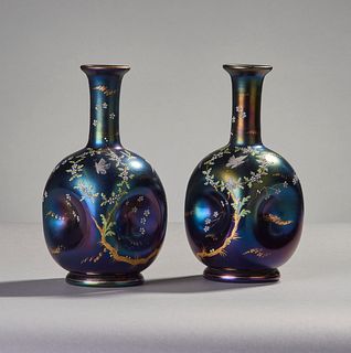 Pair Austrian  Art Glass Enameled Vases