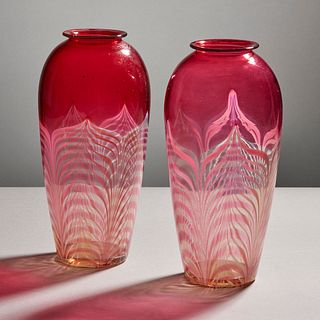 Pair Victor Durand Ruby Red Pulled Feather Vases