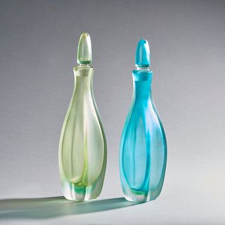 Pair Murano, Venini Frosted Glass Bottles With Stoppers