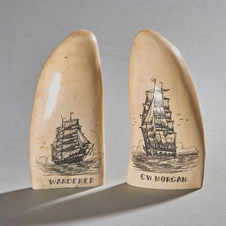 Pair Scrimshaw Whale Tooth Carvings Of Ships