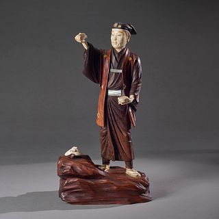 Magnificent Meiji Period Japanese Okimono Wood & Ivory Figure