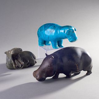 Group Of 3 Hippopotamus In Wood, Ceramic And Hardstone
