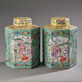 Pr. Signed Ch'ien Lung Chinese Covered Hexagonal Jars