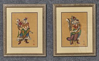 Pair Of Japanese Watercolors On Paper Of Samurai