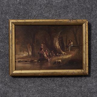 Primitive Oil On Canvas Of Children Fishing On A River,