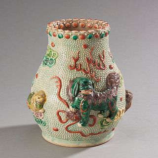 Chinese Pottery Vase With Raised Animal Motifs, Brown