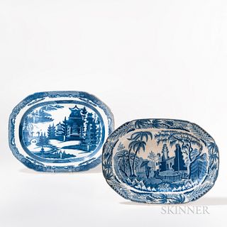 Two Blue Transfer Platters with Architectural Scenes