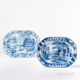 Two Blue Transfer Platters with Pagoda Patterns