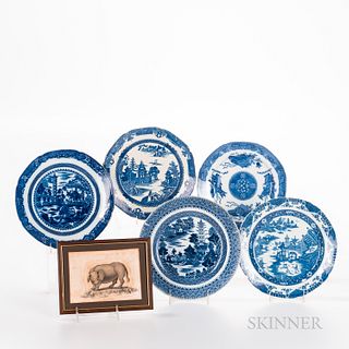 Five Blue Transfer Earthenware Dinner Plates with Source Print