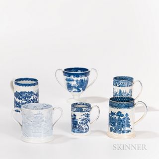 Four Blue Transfer Mugs and Two Loving Cups