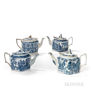 Four Blue Transfer Teapots with Figural Finials