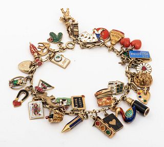 Vintage 14K Gold Enamel & Coral Charm Bracelet