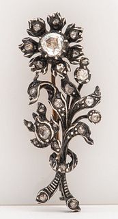 Victorian 14K Gold & Silver Diamond Flower Pin