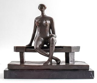Signed Moore Woman on Bench Bronze Sculpture