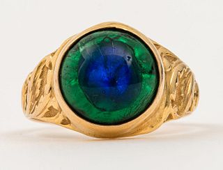 Antique 10K Yellow Gold Peacock Feather Glass Ring