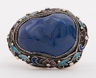Antique Chinese Silver Lapis Lazuli Enamel Brooch