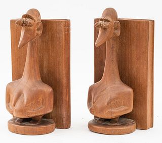 Whimsical Hand-Carved Wooden Bookends, Pair