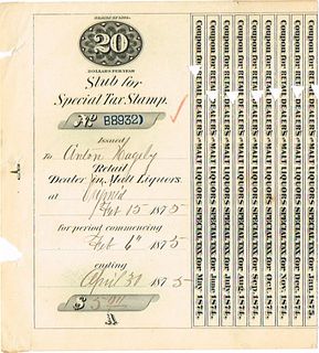 1875 Anton Hagely Beer Tax receipt Montrose, Colorado