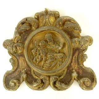19th Century Probably Italian Carved Parcel Gilt Wood Madonna and Child Wall Bracket.