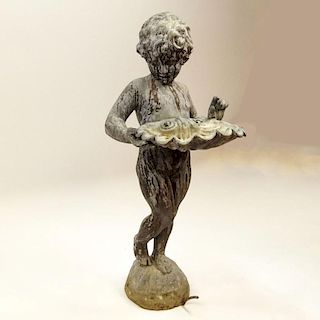Early 20th Century Iron Figural Standing Putto holding Shell Fountain.