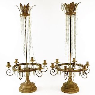 Pair of Early 20th Century Louis XVl Style Carved Gilt wood and gilt tole six (6) light crystal bead girandoles.
