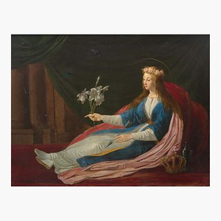 School of Jacques Stella (French, 1596?1657) Crowned Female Martyr Holding a Bouquet of Lilies, Reclining