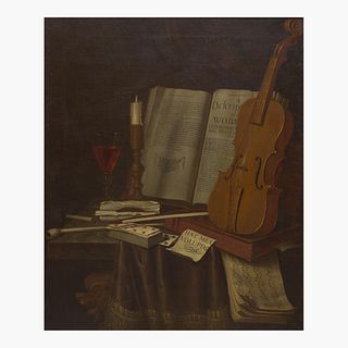 Edward Collier (Dutch, B.C. 1640?D.C. 1706) A Tabletop Still Life with Violin, Music Sheets, Tobacco, Smoking Utensils, Books, Wine and Candle (Vanita