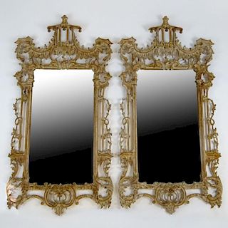 Pair of 20th Century Carved and distress painted Chinoiserie style mirrors. Unsigned. Overall good condition. Measures 63" H x 32" W. Shipping: Third 